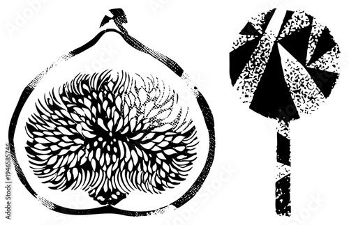 Stylized fig sliced open with intricate leaf, alongside a textured lollipop with striped design, rendered in halftone dot art style.