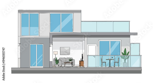 Contemporary residential building cross-section revealing stylish living room and charming balcony