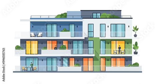 Modern residential complex featuring multi-level apartment units with colorful balconies, contemporary design elements, and integrated green spaces