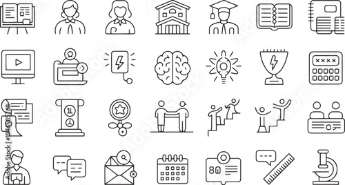Collection of flat design vector icons representing education work science and daily activities