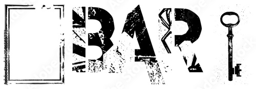 Grungy black and white bar sign featuring distressed lettering, ornate frame, and antique key, ideal for retro cocktail or pub branding.