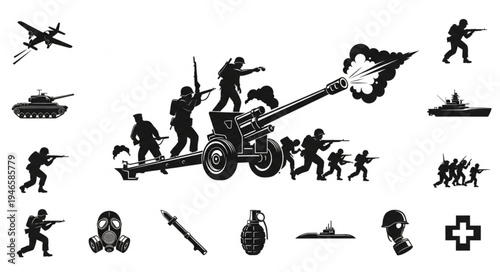 Military soldiers operating a large cannon with smoke and explosions.