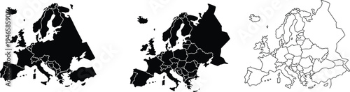 Three stylized maps of Europe showing country borders in silhouette and line drawing variations, useful for geography, education, and design projects