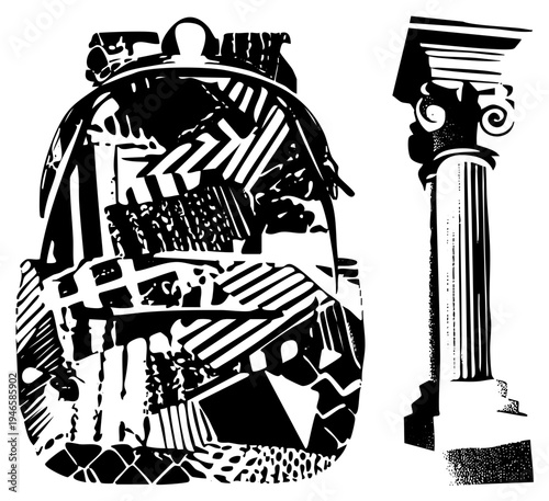 Black and white vector illustration of a stylized helmet and classical column, graphic design elements, historical motifs, bold, art.
