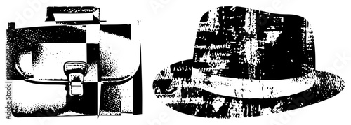 Classic satchel bag and fedora hat rendered in halftone dots, retro graphic style, isolated objects, business or detective theme.