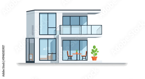Contemporary two-story house illustration with expansive windows, a sleek balcony, and ground-floor patio