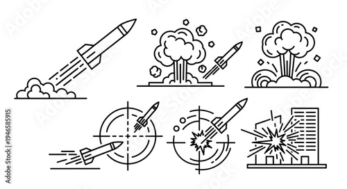Collection of missile launch and explosion icons in outline style.