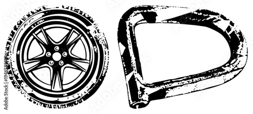Black and white vector art of a car wheel with tire tread and motorcycle footpeg, stylized with distressed texture, isolated graphic elements for design use.