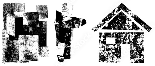 Fragmented abstract forms composed of halftone dots and torn paper textures, vector art with distressed aesthetic, modern graphic design elements.