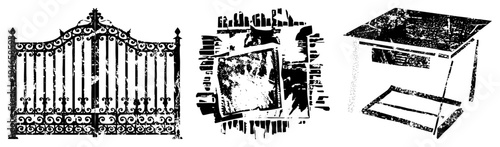 Decorative wrought iron gate with scrollwork, distressed bookshelf with stacked volumes, minimalist table with textured surface all in vector style.