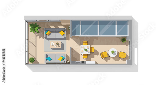 Modern apartment interior plan from above, showcasing living room, dining area, and balcony. Flat lay illustration featuring stylish furniture and