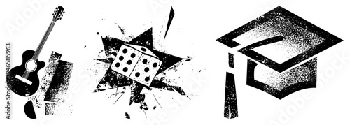 Black and white graphic acoustic guitar, dice, graduation cap, gritty halftone style, isolated vector elements, educational and gaming symbols.