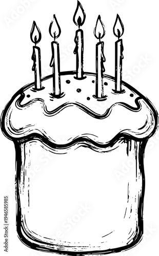 Hand-drawn sketch of a cake with icing and lit candles. Black and white line art vector illustration for birthday or Easter celebration. Isolated on transparent background