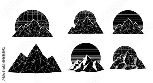 Set of six distressed mountain range graphics with sun circles.