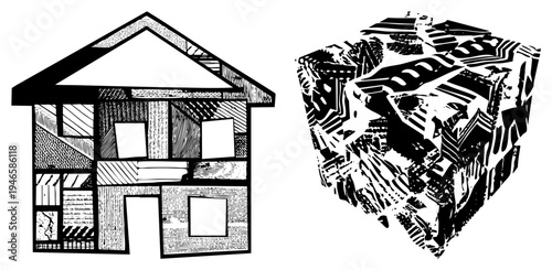 Architectural house section revealing interior rooms and walls, alongside abstract geometric cube with layered, vector illustration.