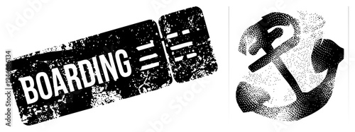 Grunge boarding stamp graphic with distressed texture, halftone anchor, travel signage, maritime symbol, vector illustration, bold typography, nautical theme.