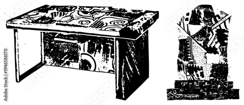 Carved stone altar with intricate, ancient monument, ceremonial stone, sacred sculpture, symbolic relief, ritual artifact, tribal art.