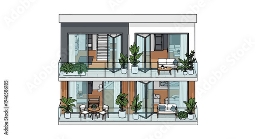 Modern two-story building design featuring elegant balconies with stylish furniture and verdant plants, offering ideal urban living spaces for city