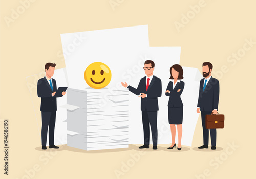 Vector illustration of business people standing near a large stack of paper with a smiling emoji on top, symbolizing success and job satisfaction
