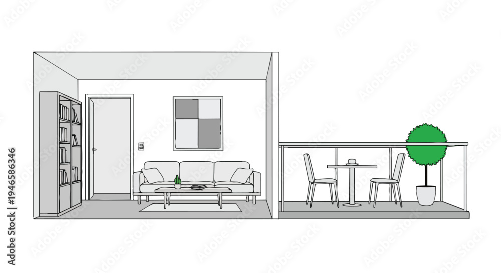 Fototapeta premium A clean architectural rendering depicting a modern urban dwelling's interior living space connected to its outdoor balcony area with furniture and
