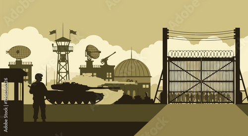 Military base entrance vector illustration with tank and security systems, a secure perimeter