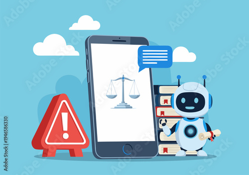 AI legal assistant robot and smartphone with scales of justice icon on screen, warning sign, and book stack vector illustration