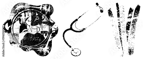 Black and white vector illustration of stethoscope, magnifying glass, and medical tools, distressed texture, retro healthcare equipment, isolated medical symbols.