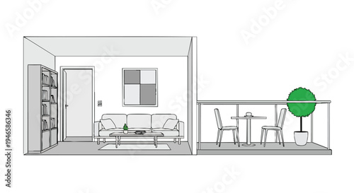 A clean architectural rendering depicting a modern urban dwelling's interior living space connected to its outdoor balcony area with furniture and