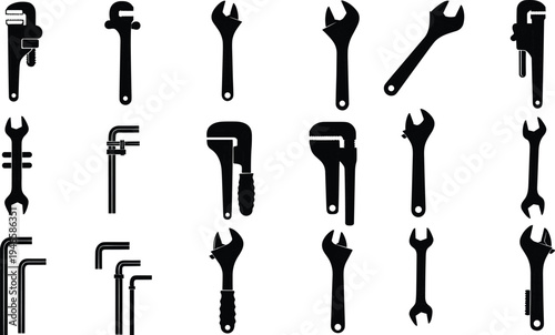 Wrench and pipe wrench tool silhouettes set adjustable spanner plumbing tools mechanical repair equipment icons vector illustration collection