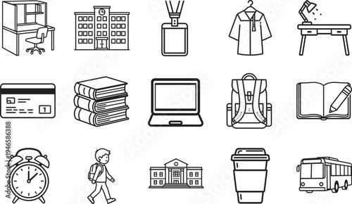 A collection of detailed line art icons, each representing essential aspects of educational settings and learning environments. 