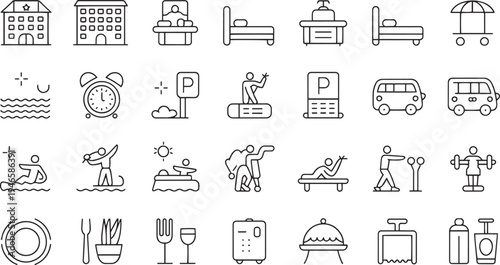 Collection of flat design vector icons representing various everyday objects and activities
