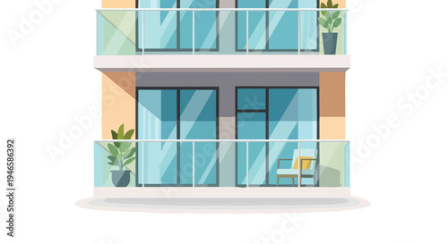 Modern residential building facade with stylish glass balconies, potted plants, and minimalist design, showcasing contemporary urban living and