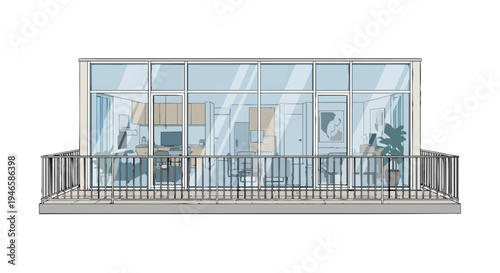 A contemporary architectural illustration of a building facade featuring a expansive glass wall system and an outdoor balcony space showcasing an