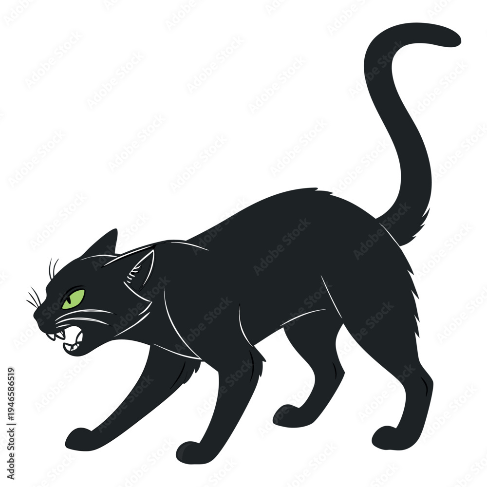 Obraz premium Angry Black Cat with Green Eye and White Accents in Aggressive Stance on white background