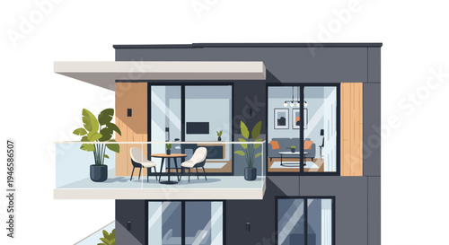 Contemporary apartment building facade featuring a stylish balcony with outdoor furniture and lush potted plants illustrating modern urban living