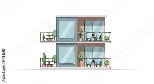 Elegant two-story residential building illustration featuring large windows and private balconies adorned with outdoor furniture and charming potted