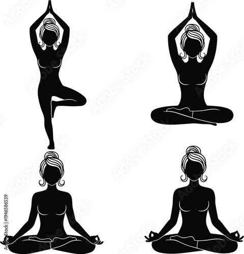 yoga meditation woman silhouette poses set, lotus pose tree pose mindfulness fitness wellness vector illustration collection