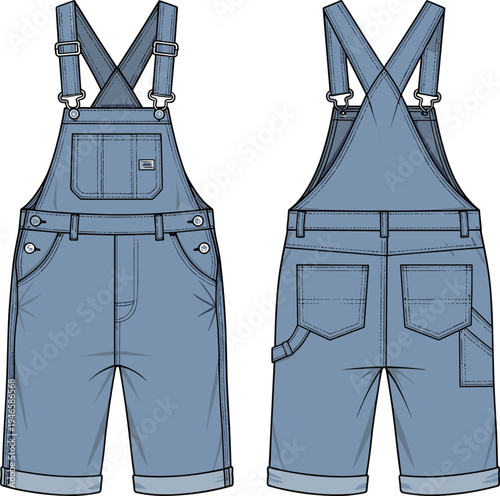 Technical fashion illustration, denim overalls front back view, apparel sketch, adjustable straps, chest flap pocket, casual knee length shorts, garment design vector