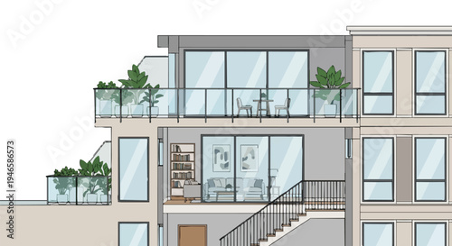Modern residential building with glass balconies, lush potted plants, and stylish contemporary interiors, showcasing innovative urban living