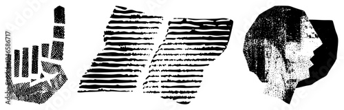 Vector graphic with halftone textures, isolated hand pointing, stylized letterforms, geometric face profile, design, graphic art elements.