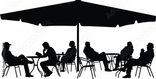 Vector silhouette of people sitting at outdoor cafe tables under a large sun umbrella for urban lifestyle restaurant terrace and architectural visualization design projects.