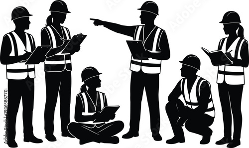 Vector silhouette set of construction workers and engineers wearing hard hats and safety vests including foreman pointing and team members taking notes for industrial project management.