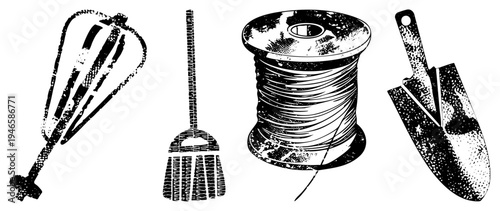 Hand drawn whisk, spatula, thread spool, shovel in halftone style, retro graphic design, kitchenware and gardening equipment.