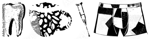 Black and white halftone illustrations of tooth, mug, crutch, and boxer briefs. Dental care, caffeine, mobility aid, underwear. Vector graphic, isolated elements, textured.