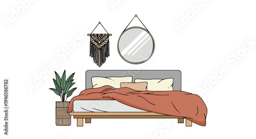Cozy minimalist bedroom interior design featuring natural plant decor and bohemian wall art