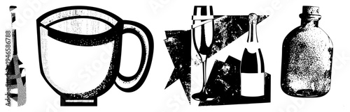 Classic drinkware collection including bottle, mug, champagne flute, cocktail shaker, halftone texture, retro graphic, vector.