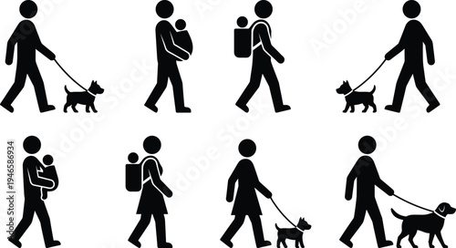 Vector silhouette set of people walking dogs and carrying babies in carriers including men and women strolling with pets for family lifestyle and community design.