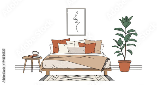 A cozy minimalist bedroom scene featuring a stylish bed with earthy tones, a simple side table, abstract wall art, and a lush green plant for a