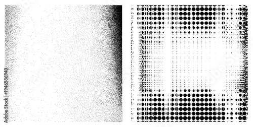 Black and white halftone dots forming gradient and grid, vector graphic, design element, print texture, digital art, typographic background, raster effect.