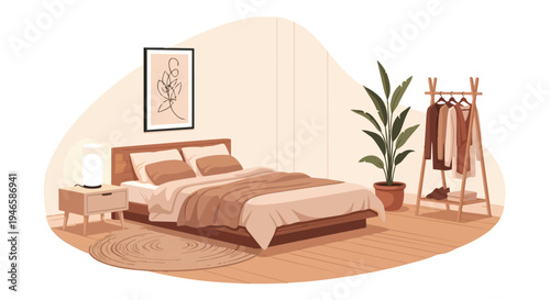 Serene minimalist bedroom interior design showcasing earthy hues, natural plant, and clothing rack